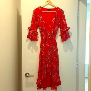 Beautiful red floral midi wrap dress